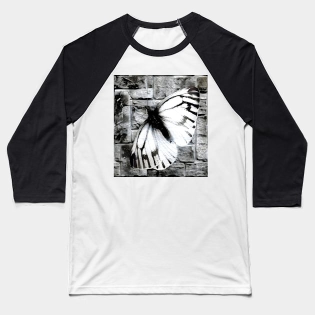 Butterfly Black and White Spray Paint Wall Baseball T-Shirt by Nuletto